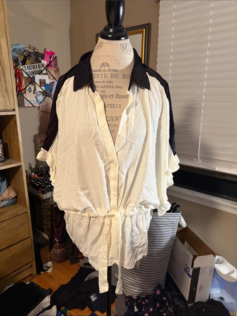 Women’s Two-Tone Cream and Black Drawstring Blouse - XL NWT